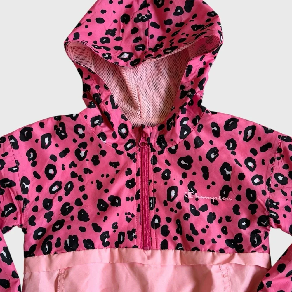 Champion Girls Pink Black Leopard Hooded Windbreaker Jacket Size 4T Lightweight